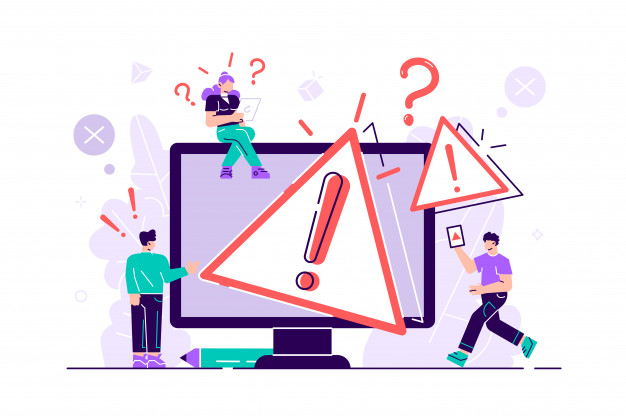 Illustrazione: segnalazione errori su un sito e team che interviene per risolverli